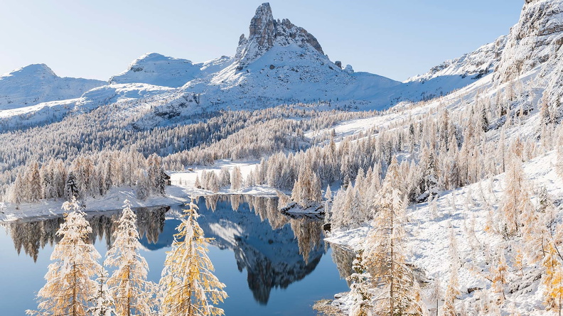 Lake Federa and Becco di Mezzodì mountain, Dolomites, Alps, Cortina d’Ampezzo, Belluno, Italy